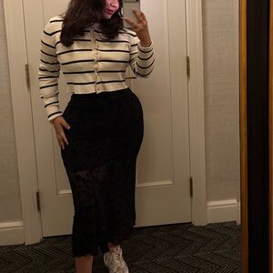 Striped Button-Up Cardigan with Lace Pencil Skirt